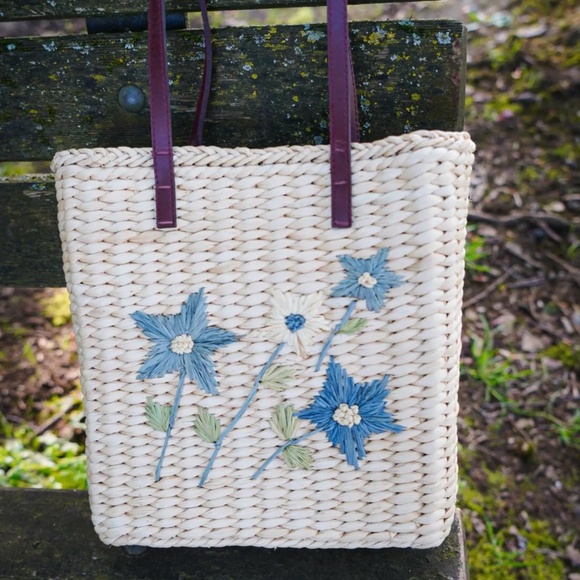 Vintage Straw Purse with Blue Flowers | Vintage Summer Purse - Picture 5 of 8